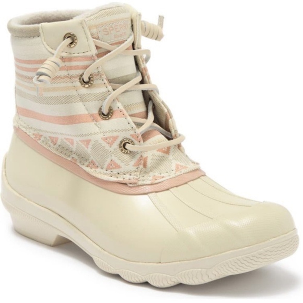 NIB Sperry Syren Gulf Playa Tan Striped Geometric Waterproof Duck Rain Boots - Picture 2 of 15
